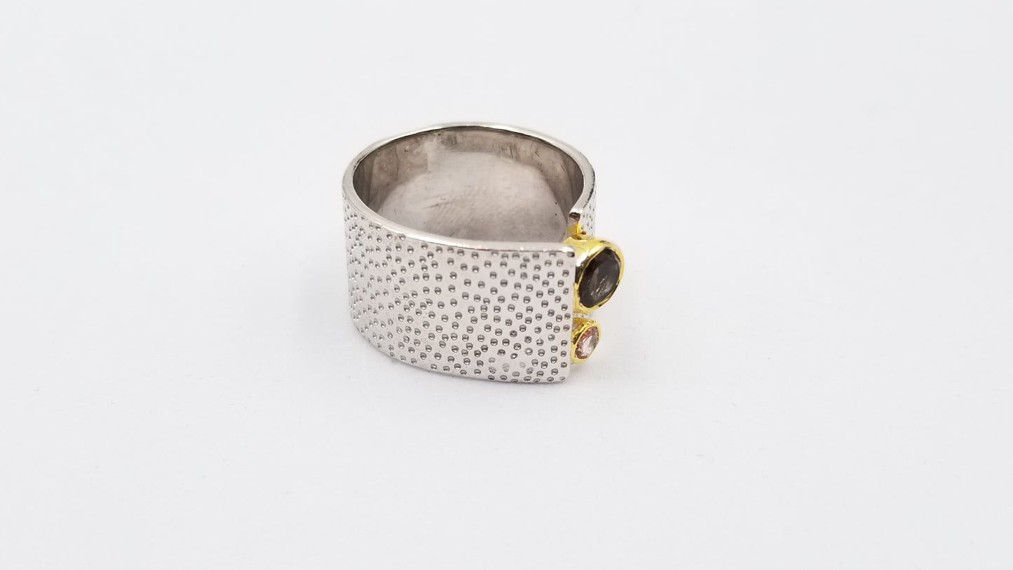 SMOKE TOUMALINE /CITRINE TWO TONE STERLING SILVER RING