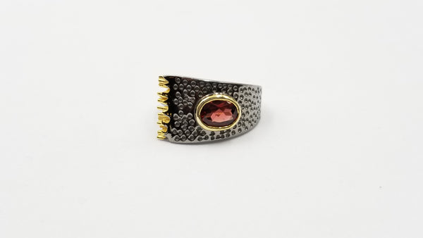 GARNET TWO TONE /BLACK RHODIUM FINISHED STERLING SILVER RING