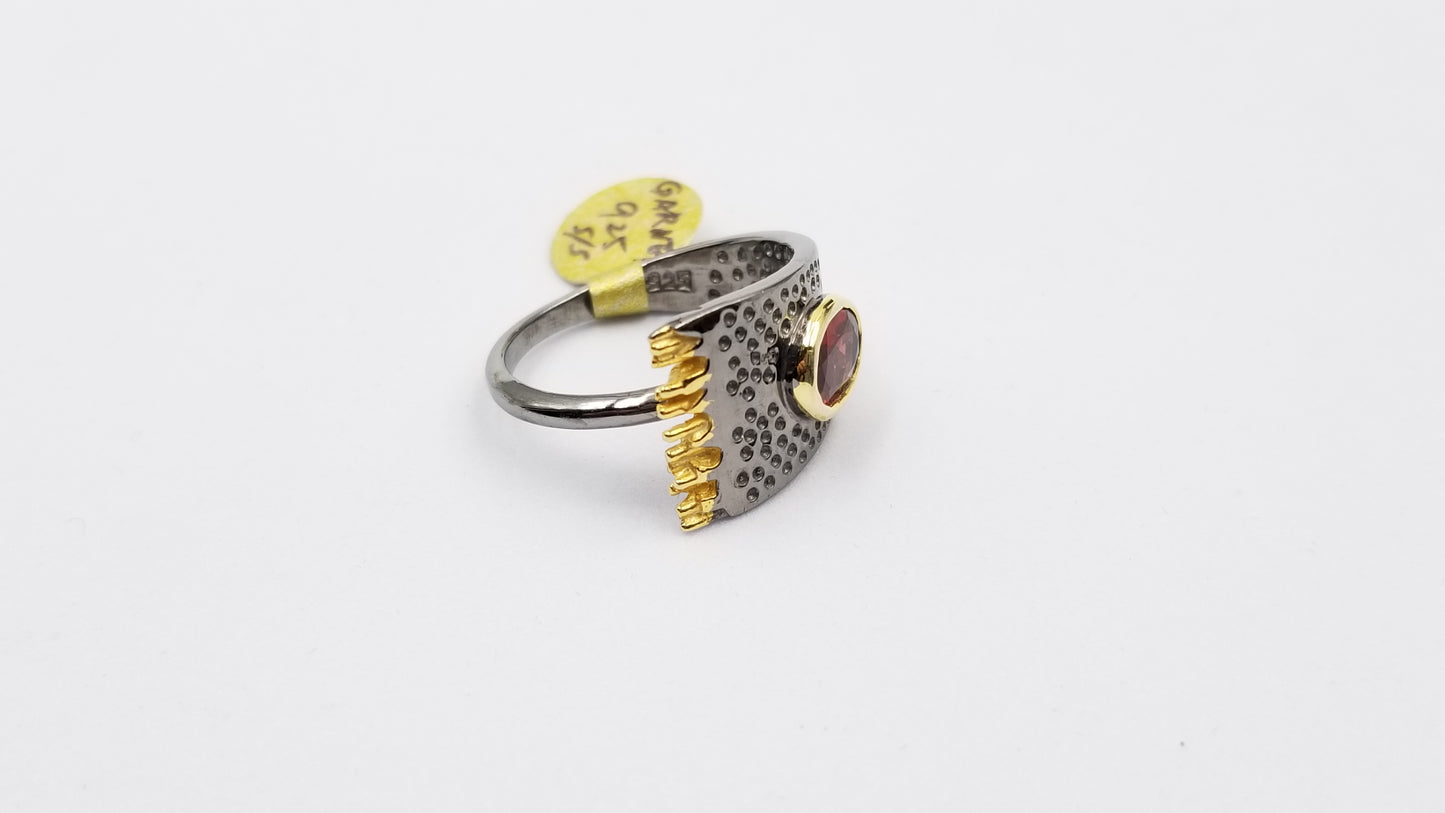 GARNET TWO TONE /BLACK RHODIUM FINISHED STERLING SILVER RING
