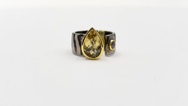 LEMON QUARTZ TWO TONE / BLACK RHODIUM FINISHED STERLING SILVER RING