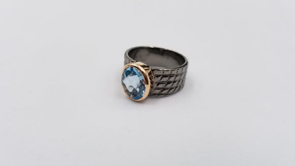 BLUE TOPAZ TWO TONE / BLACK RHODIUM FINISHED STERLING SILVER RING