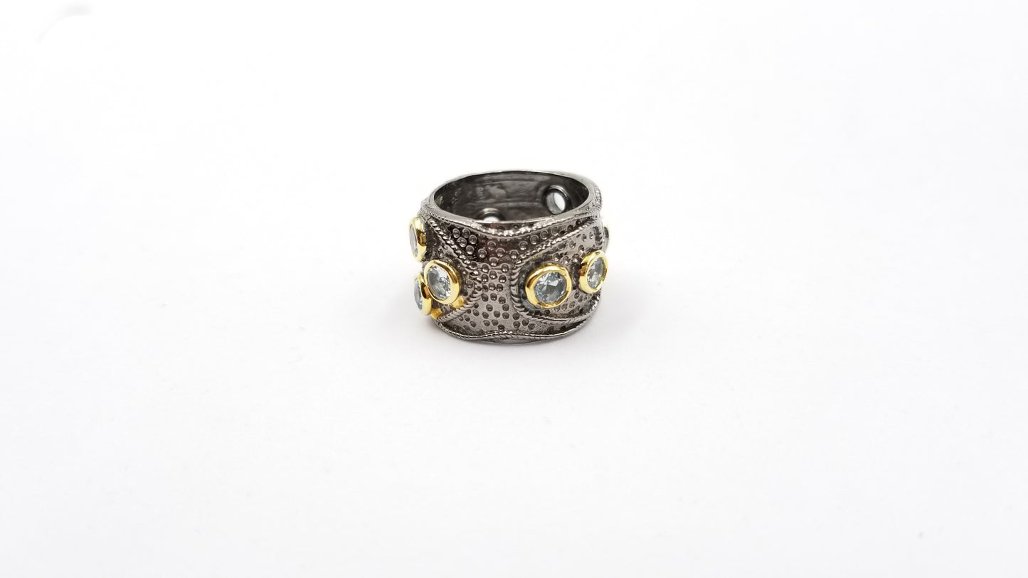 BLUE TOPAZ TWO TONE / BLACK RHODIUM FINISHED STERLING SILVER BAND