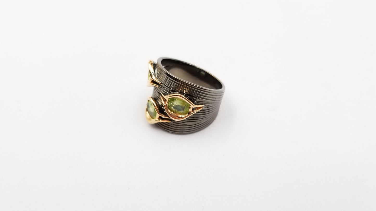 PERIDOTS TWO TONE /BLACK RHODIUM FINISHED STERLING SILVER RING