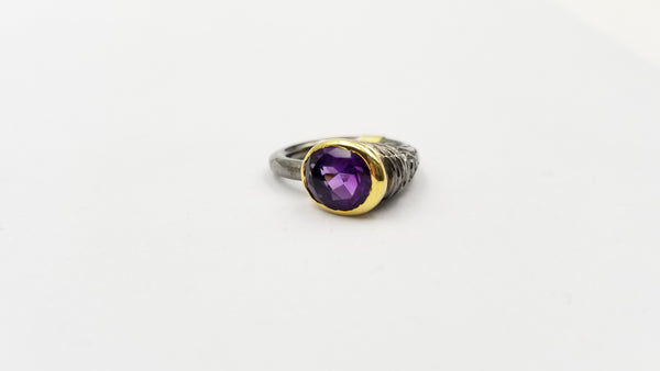 AMETHYST TWO TONE / BLACK RHODIUM FINISHED STERLING SILVER OPEN RING