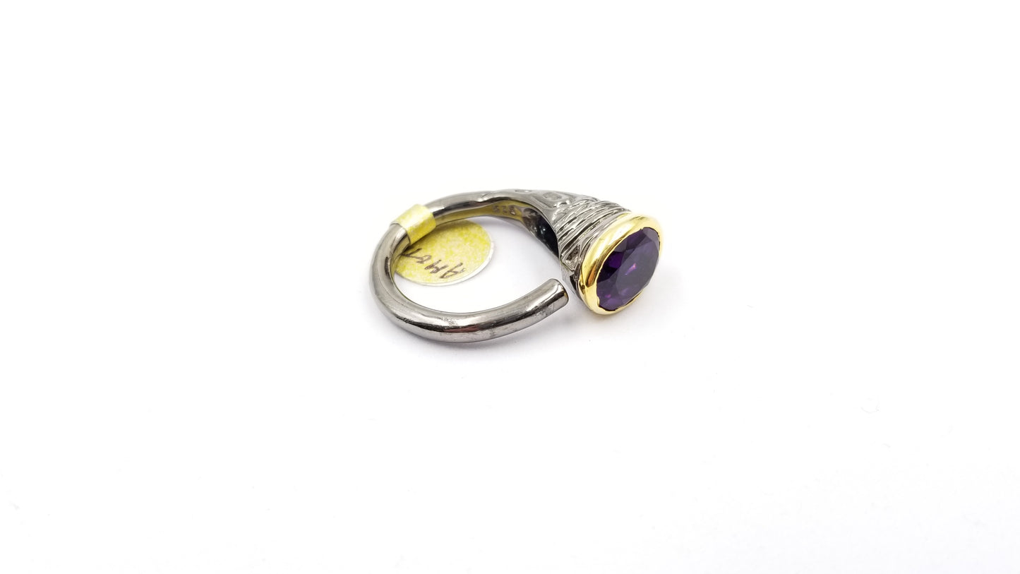AMETHYST TWO TONE / BLACK RHODIUM FINISHED STERLING SILVER OPEN RING