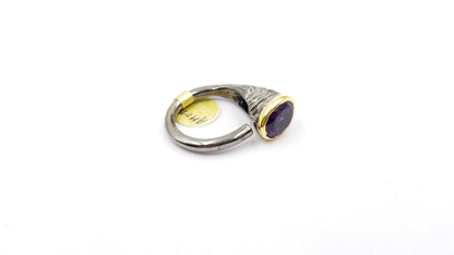 AMETHYST TWO TONE / BLACK RHODIUM FINISHED STERLING SILVER OPEN RING