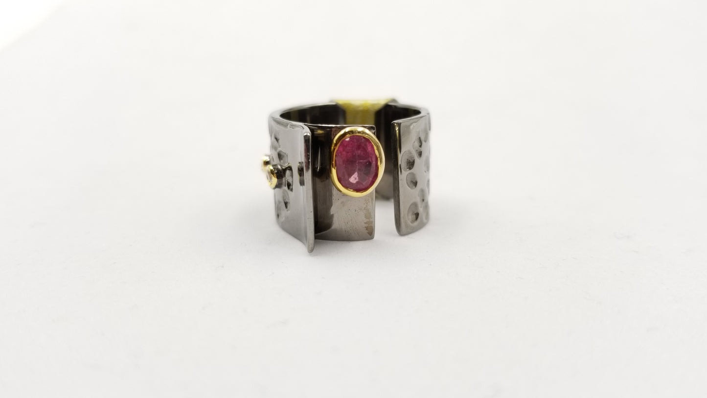 PINK TOUMALINE TWO TONE / BLACK RHODIUM FINISHED STERLING SILVER RING