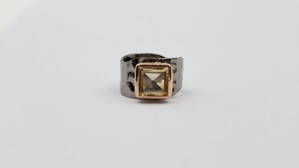 CITRINE SQUARE EMERALD CUT TWO TONE /BLACK RHODIUM FINISHED STERLING SILVER RING