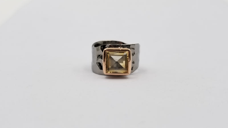 CITRINE SQUARE EMERALD CUT TWO TONE /BLACK RHODIUM FINISHED STERLING SILVER RING