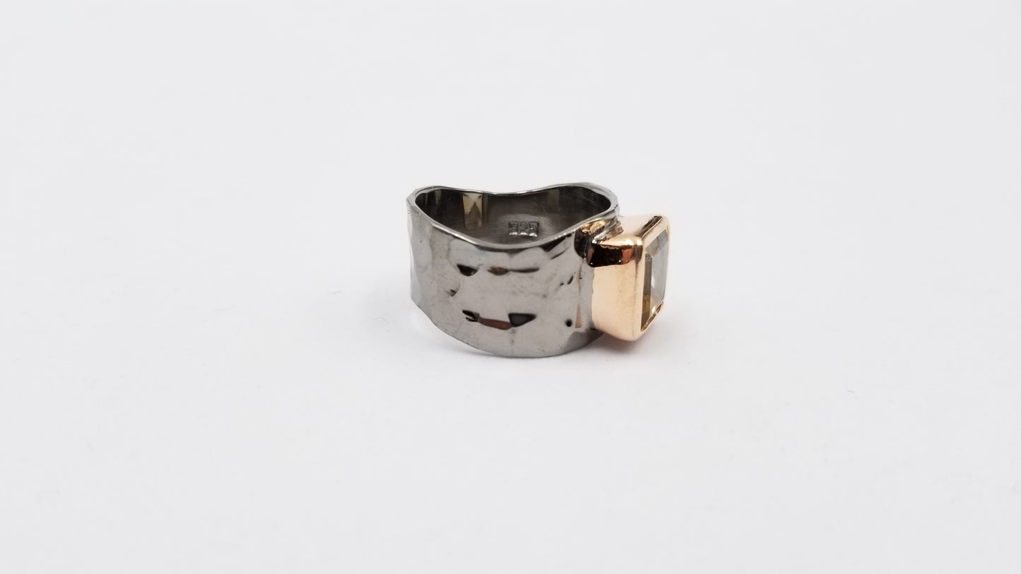 CITRINE SQUARE EMERALD CUT TWO TONE /BLACK RHODIUM FINISHED STERLING SILVER RING