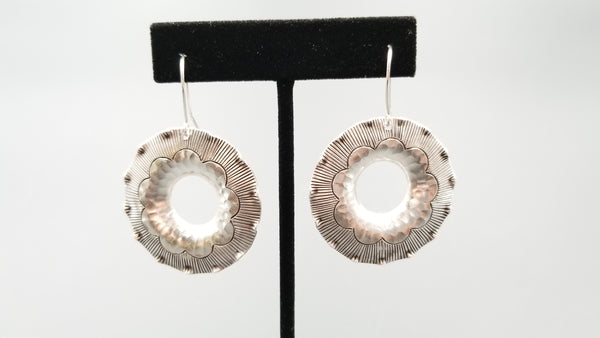 STERLING SILVER FRENCH WIRE DANGLE ROUND FLOWER PATTERN EARRINGS