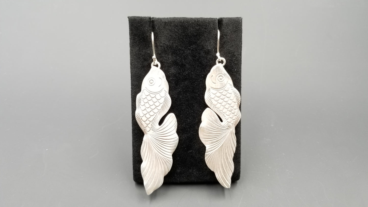 STERLING SILVER FRENCH WIRE LONG DANGLE GOLDFISH STYLE EARRINGS