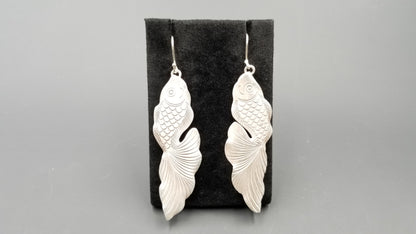 STERLING SILVER FRENCH WIRE LONG DANGLE GOLDFISH STYLE EARRINGS
