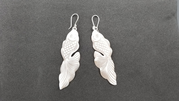 STERLING SILVER FRENCH WIRE LONG DANGLE GOLDFISH STYLE EARRINGS