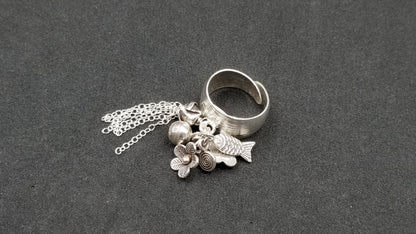 STERLING SILVER FUN CHARMS RING ( SIZE ADJUSTABLE )