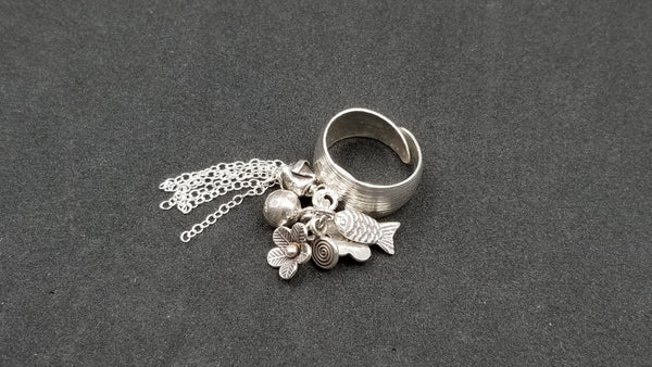 STERLING SILVER FUN CHARMS RING ( SIZE ADJUSTABLE )