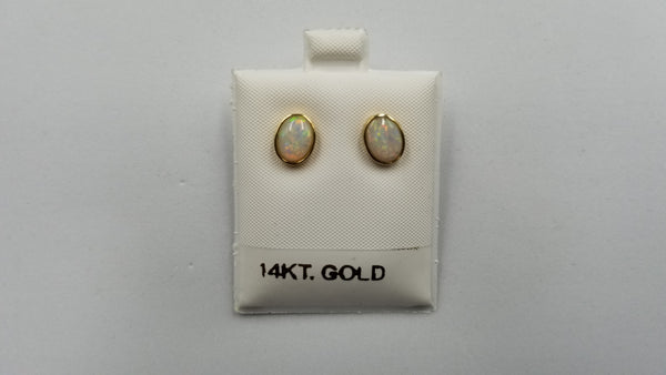 OPAL ( AUSTRALIAN ) 6X8 MM 14 KT YELLOW GOLD BEZEL SET PUSH BACKS EARRINGS