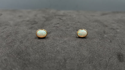 OPAL ( AUSTRALIAN ) 6X8 MM 14 KT YELLOW GOLD BEZEL SET PUSH BACKS EARRINGS