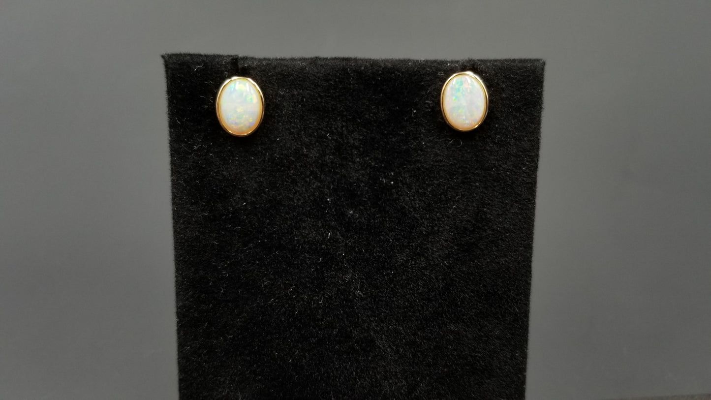 OPAL ( AUSTRALIAN ) 6X8 MM 14 KT YELLOW GOLD BEZEL SET PUSH BACKS EARRINGS