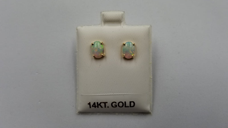 OPAL ( AUSTRALIAN ) 6X8 MM CABOCHON OVAL 14 KT YELLOW GOLD STUDS EARRINGS