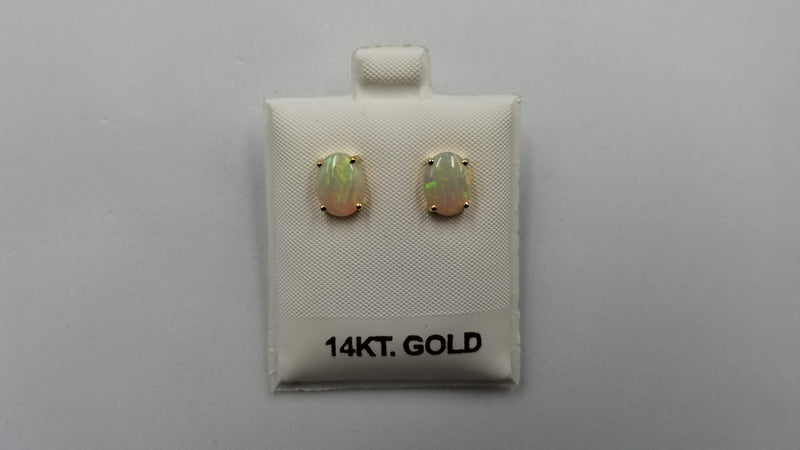 OPAL ( AUSTRALIAN ) 7X9 MM OVAL CABOCHON 14 KT YELLOW GOLD STUDS EARRINGS