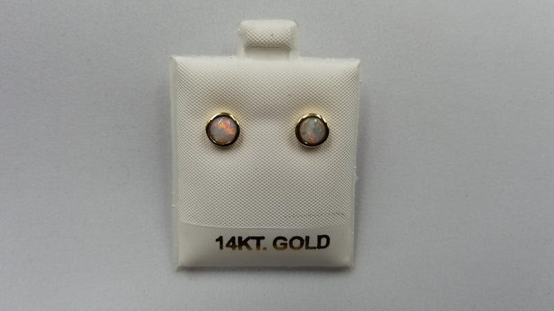 OPAL ( AUSTRALIAN )6 MM ROUND BEZEL SET 14 KT YELLOW GOLD STUDS EARRINGS