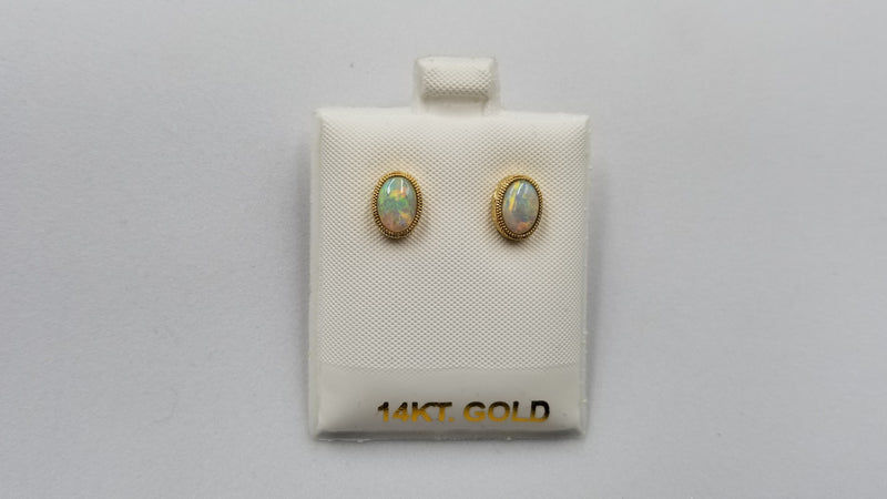 OPAL ( AUSTRALIAN ) OVAL FANCY BEZEL SET OVAL 14 KT YELLOW GOLD STUDS EARRINGS