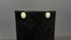 OPAL ( AUSTRALIAN ) OVAL FANCY BEZEL SET OVAL 14 KT YELLOW GOLD STUDS EARRINGS