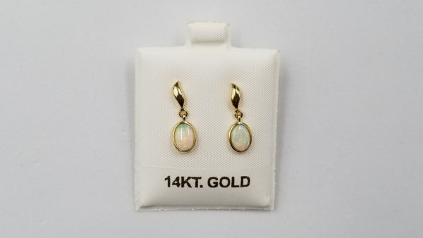 OPAL ( AUSTRALIAN ) 6X8 OVAL BEZEL SET 14 KT YELLOW GOLD DANGLE EARRINGS