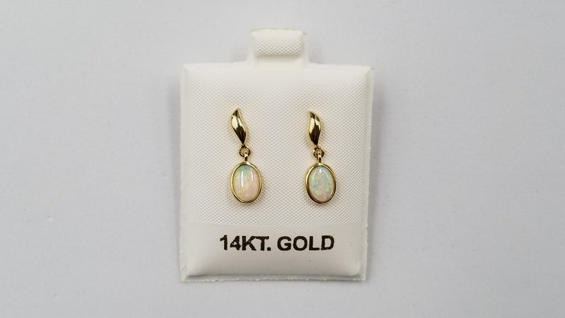 OPAL ( AUSTRALIAN ) 6X8 OVAL BEZEL SET 14 KT YELLOW GOLD DANGLE EARRINGS