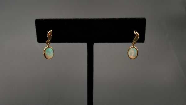 OPAL ( AUSTRALIAN ) 6X8 OVAL BEZEL SET 14 KT YELLOW GOLD DANGLE EARRINGS