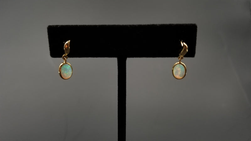 OPAL ( AUSTRALIAN ) 6X8 OVAL BEZEL SET 14 KT YELLOW GOLD DANGLE EARRINGS