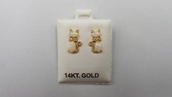 OPAL ( AUSTRALIAN ) WITH DIAMONDS 14 KT YELLOW GOLD FANCY CAT EARRINGS