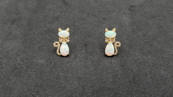 OPAL ( AUSTRALIAN ) WITH DIAMONDS 14 KT YELLOW GOLD FANCY CAT EARRINGS