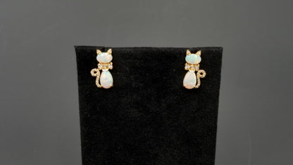 OPAL ( AUSTRALIAN ) WITH DIAMONDS 14 KT YELLOW GOLD FANCY CAT EARRINGS