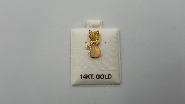 OPAL ( ETHIOPIAN ) WITH DIAMONDS FANCY CAT 14 KT YELLOW GOLD PENDANT