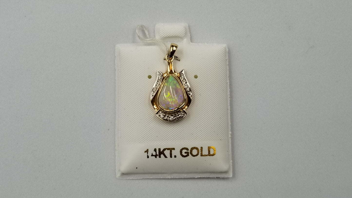 OPAL ( AUSTRALIAN ) FREEFORM WITH DIAMONDS 14 KT YELLOW GOLD BEZEL SET PENDANT