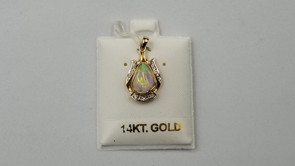 OPAL ( AUSTRALIAN ) FREEFORM WITH DIAMONDS 14 KT YELLOW GOLD BEZEL SET PENDANT