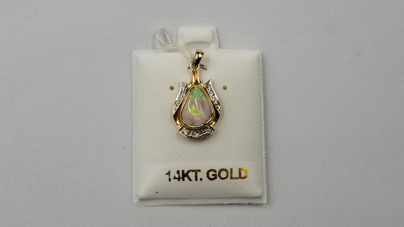 OPAL ( AUSTRALIAN ) FREEFORM WITH DIAMONDS 14 KT YELLOW GOLD BEZEL SET PENDANT