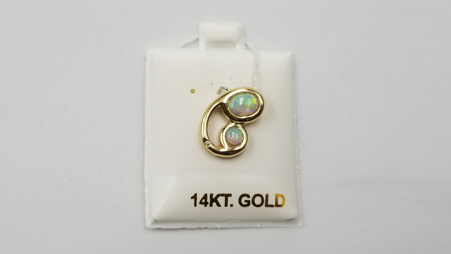 OPAL ( AUSTRALIAN ) WITH DIAMOND BEZEL SET 14 KT YELLOW GOLD MOTHER AND SON PENDANT