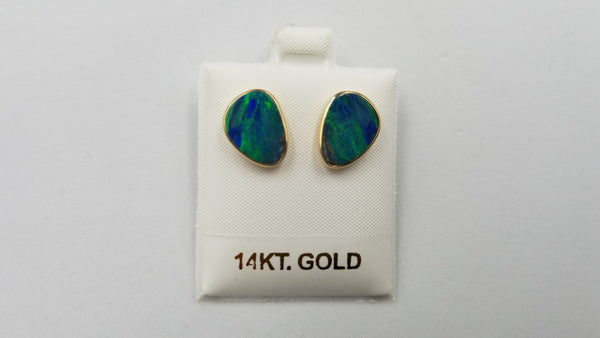 BOULDER OPAL DOUBLET FREEFORM BEZEL SET 14 KT YELLOW GOLD PUSH BACKS EARRINGS