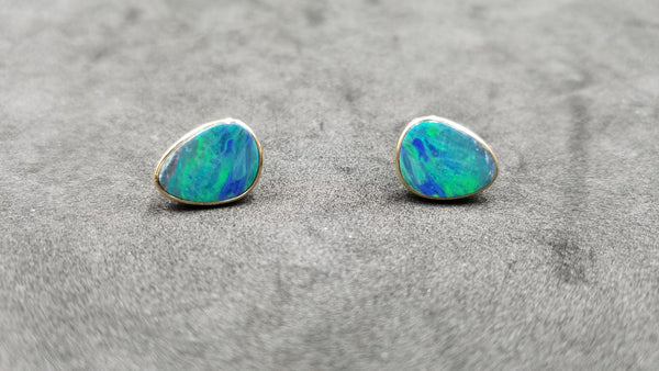 BOULDER OPAL DOUBLET FREEFORM BEZEL SET 14 KT YELLOW GOLD PUSH BACKS EARRINGS