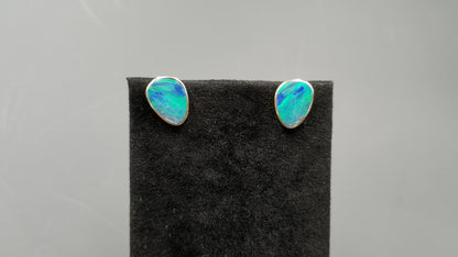 BOULDER OPAL DOUBLET FREEFORM BEZEL SET 14 KT YELLOW GOLD PUSH BACKS EARRINGS