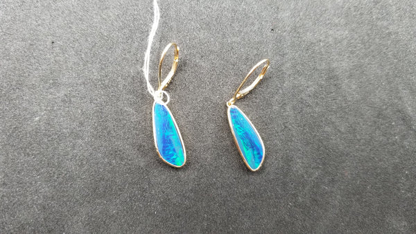 BOULDER OPAL DOUBLET FREEFORM  LEVER BACKS 14 KT YELLOW GOLD DROP EARRINGS