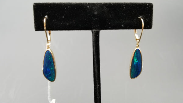 BOULDER OPAL DOUBLET FREEFORM  LEVER BACKS 14 KT YELLOW GOLD DROP EARRINGS