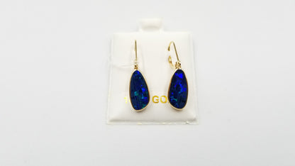 BOULDER OPAL DOUBLET FREEFORM  LEVER BACKS 14 KT YELLOW GOLD DROP EARRINGS