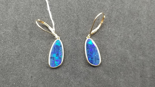 BOULDER OPAL DOUBLET FREEFORM  LEVER BACKS 14 KT YELLOW GOLD DROP EARRINGS