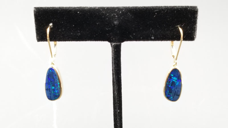 BOULDER OPAL DOUBLET FREEFORM  LEVER BACKS 14 KT YELLOW GOLD DROP EARRINGS