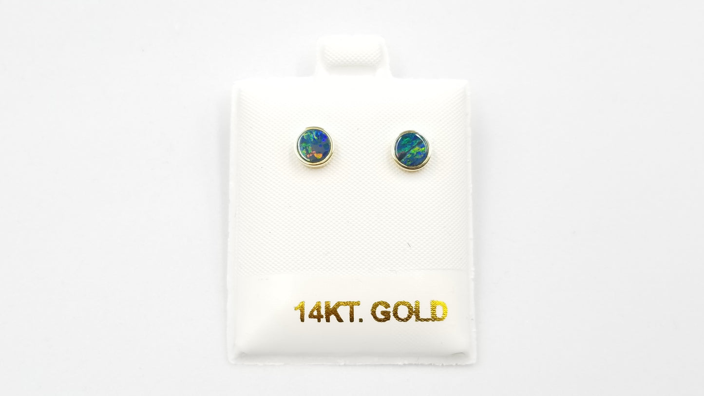 BOULDER OPAL DOUBLET 6 MM ROUND BEZEL SET 14 KT YELLOW GOLD STUDS EARRINGS