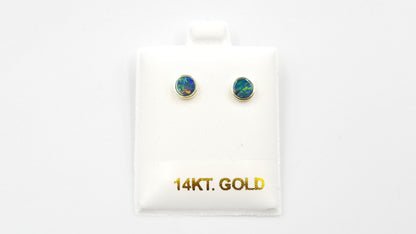 BOULDER OPAL DOUBLET 6 MM ROUND BEZEL SET 14 KT YELLOW GOLD STUDS EARRINGS